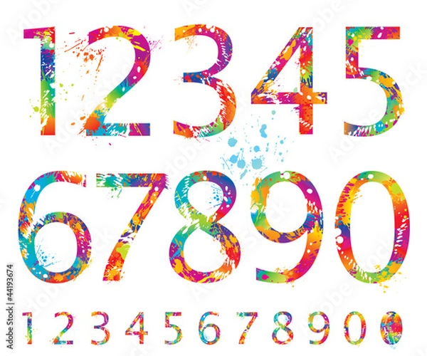 Fototapeta Font - Colorful numbers with drops and splashes from 0 to 9