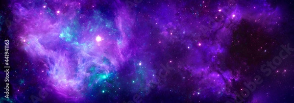 Fototapeta A cosmic background with a colorful purple nebula and shining stars