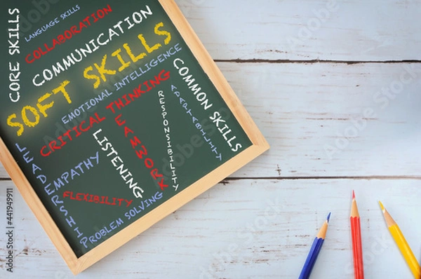 Fototapeta Soft skills with lists of example on chalkboard. Business job success concept and job challenge employment idea