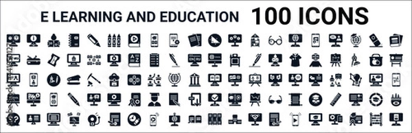 Obraz set of 100 glyph e learning and education web icons. filled icons such as information,game-based learning,online,qualification,digital book,chalkboard,progress,lockers. vector illustration