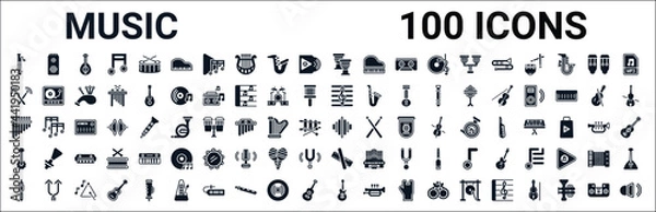 Obraz set of 100 glyph music web icons. filled icons such as amplifier,drumsticks,clef,panpipe,equalizer,banjo,clave,electric guitar. vector illustration