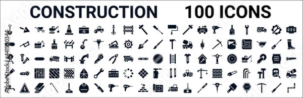 Obraz set of 100 glyph construction web icons. filled icons such as scraper,safety glasses,paint brush,cement mixers,stopping,scratcher tool,blowtorch,construction plan. vector illustration