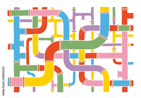 Fototapeta Many colorful pipes of different sizes, colors and diameters are intertwined to form a background, texture, pattern. Hand Drawn. Doodle.