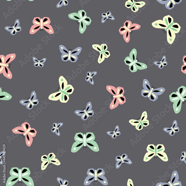 Obraz Colorful butterflies on grey repeat seamless vector background pattern design