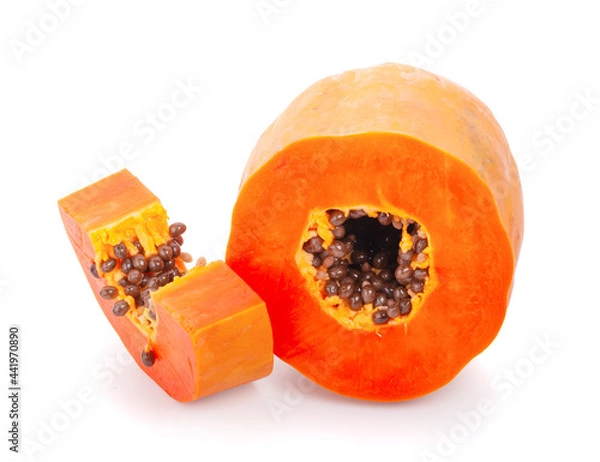 Fototapeta whole and half of ripe papaya fruit with seeds isolated on white background