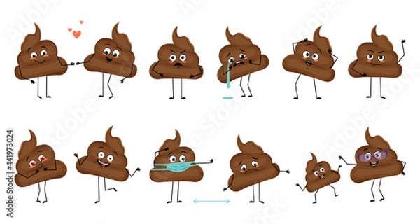 Fototapeta Set of cute shit characters with emotions, face, hands and feet. Smiling or sad turd, heroes in love keep their distance, dance or cry. Vector flat illustration