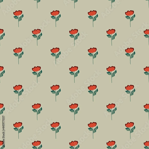 Fototapeta Summer style decorative seamless pattern with red simple flower small shapes. Grey background. Doodle print.