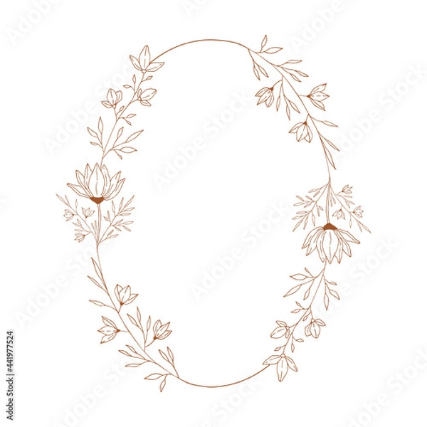 Fototapeta Elegant oval frame with botanical illustrations. Wedding hand drawn design. Vector.