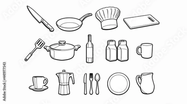Obraz Kitchen Icon Set. Set of black and white isolated illustrations of kitchenware