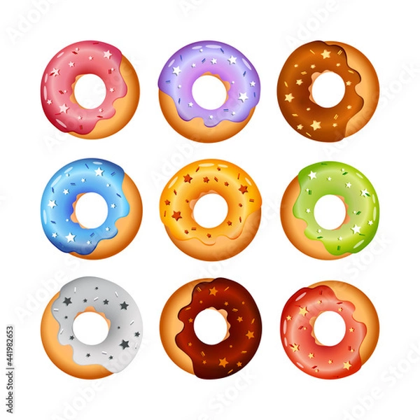 Fototapeta Glazed doughnuts collection with different decoration. Colorful sweet buns isolated in white background. Violet, yellow, brown, green, red, pink, blue topping confections for cafe or bakery.
