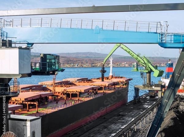 Fototapeta A manipulator crane in the seaport is used for unloading wagons and loading bulk cargo into the holds of sea ships.
