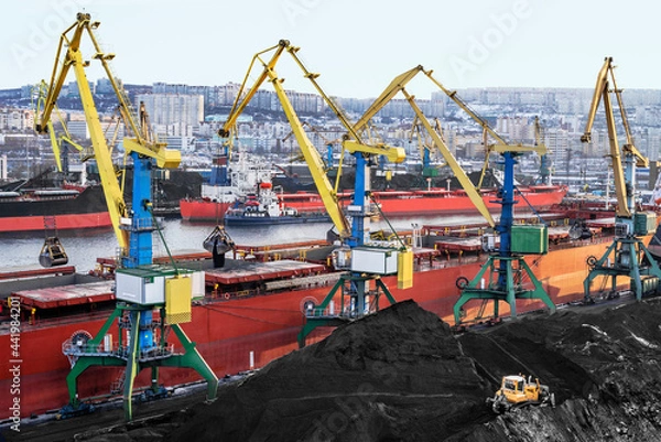 Fototapeta Coal is loaded into the holds of a dry cargo ship in the seaport 24 hours a day.