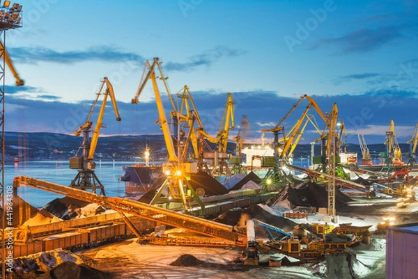 Fototapeta Twilight. Heaps of coal in the seaport. Coal is unloaded from wagons by all kinds of cranes, then loaded into the holds of sea ships.