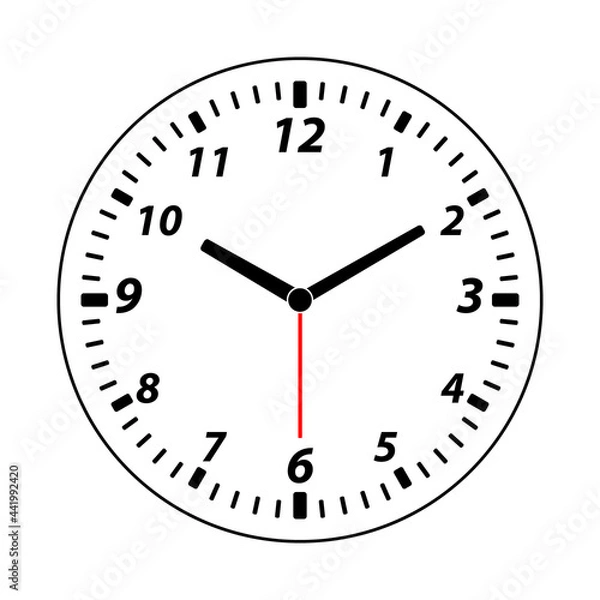 Obraz Simple analogue wall clock vector illustration, black on white, with red seconds hand 