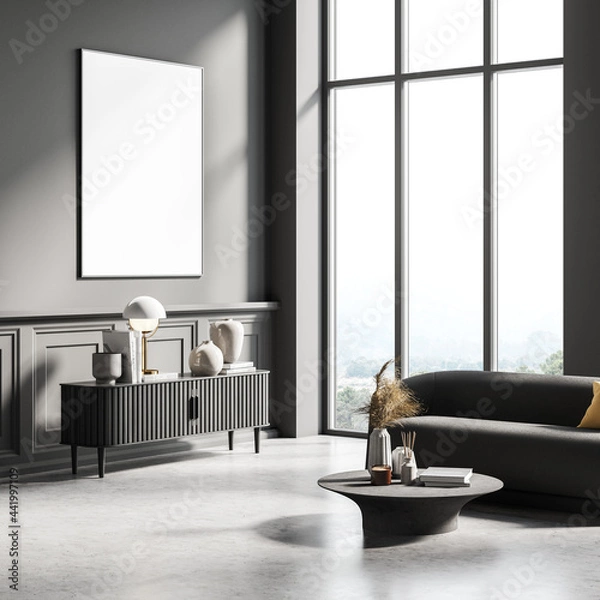 Fototapeta Modern room interior with mock up poster upon the sideboard, dark grey