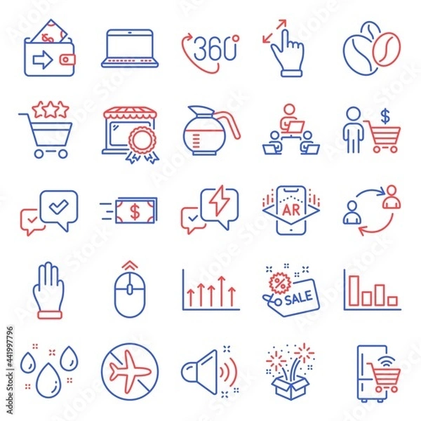 Fototapeta Business icons set. Included icon as Flight mode, Sale, Notebook signs. Lightning bolt, Growth chart, Swipe up symbols. Touchscreen gesture, Augmented reality, Money transfer. Loud sound. Vector