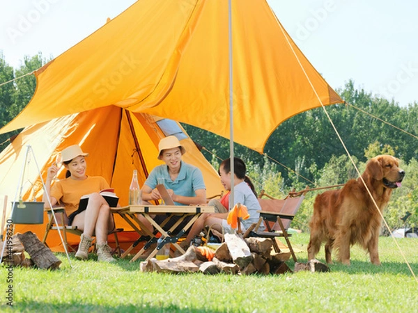 Obraz Happy family of four and dog camping out
