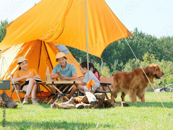 Obraz Happy family of four and dog camping out