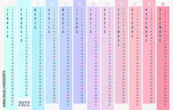 Obraz Rainbow Calendar 2022 year in Italian. New 2022 linear calendar template. 12 months vertically of different colors on light background. Stock vector