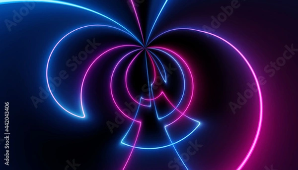 Obraz neon blue pink abstract flower circle futuristic ultraviolet curvy glowing dna neuron lines laser scientific Sci-Fi high resolution abstract black background mobile apps web and social media posts