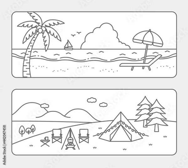 Obraz 海と山の風景、ビーチリゾートとキャンプ場の横長イラスト