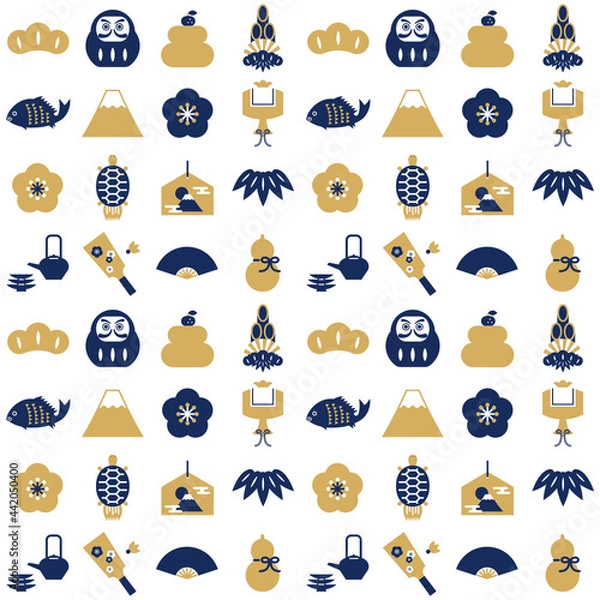 Fototapeta お正月アイコン模様　背景素材（白地×紺）