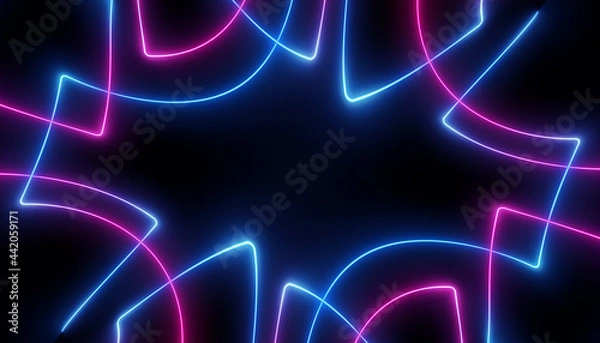 Obraz neon blue pink futuristic ultraviolet energy curvy glowing lines laser tunnel Sci-Fi black high resolution background with space for text or logo