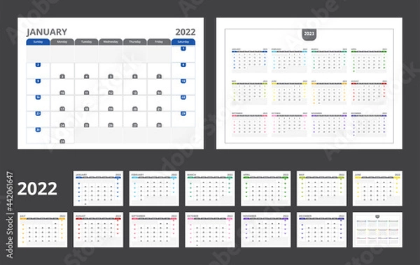 Fototapeta 2022 calendar planner set for template corporate design week start on Sunday.