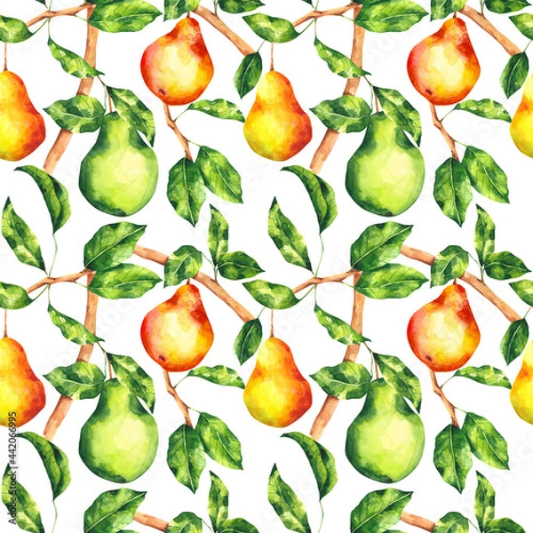 Fototapeta Watercolor pear seamless pattern on white background. Bright fruit tree repeat print. Botanical background for textile, fabric, wallpaper, wrapping paper, design and decor.