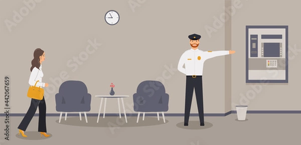 Fototapeta Bank office interior: businesswoman is going to ATM or cash machine.Elegant interior of hall in financial institution. Waiting area with security guard who is pointing the way. Raster illustration