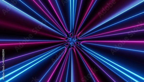 Obraz neon blue pink futuristic ultraviolet energy curvy glowing lines laser tunnel Sci-Fi black high resolution background