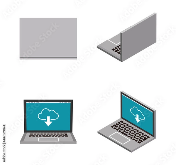 Fototapeta Four angles 3d laptop computers set - cloud icon screen
