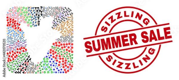 Fototapeta Vector mosaic Burundi map of different icons and Sizzling Summer Sale seal stamp. Mosaic Burundi map designed as carved shape from rounded square shape.