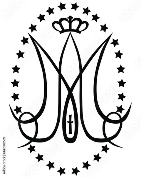 Obraz Ave Maria. Monogram of the Blessed Virgin Mary with crown, cross and stars. Religious signs. Vector design.