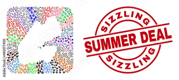 Fototapeta Vector mosaic Djibouti map of different pictograms and Sizzling Summer Deal seal stamp. Mosaic Djibouti map designed as hole from rounded square shape. Red round stamp with Sizzling Summer Deal word.