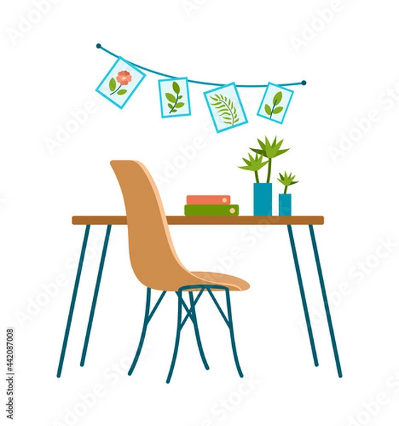 Fototapeta Decorative writing desk with chair. Stylish furniture with curved legs and colorful folders. Green succulents in pots. Pictures plants in boho style hanging on cord. Vector cartoon illustration