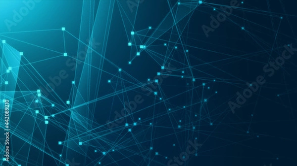 Obraz Abstract blue green polygon tech network with connect technology background. Abstract dots and lines texture background. 3d rendering.