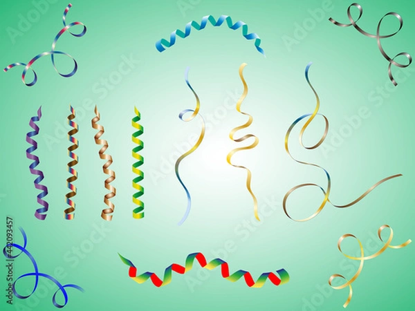 Fototapeta Set of shiny, colorful serpentine ribbons. Vector illustration for holiday design.