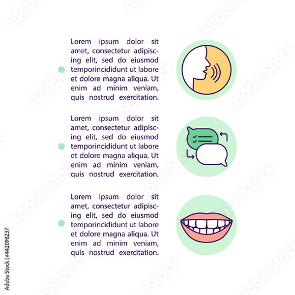 Fototapeta Teaching kids to talk concept line icons with text. PPT page vector template with copy space. Brochure, magazine, newsletter design element. Health care services linear illustrations on white