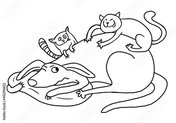 Fototapeta Dog trying to sleep and two naughty cats disturbing it. Jumping and frolicking on his back. Hand drawn black and white cartoon illustration. Coloring book page. Isolated on a white background.