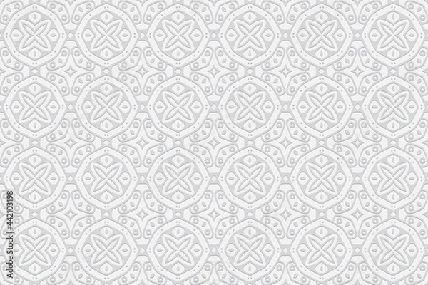 Fototapeta 3d volumetric convex embossed geometric white background. Decorative pattern with ethnic ornament in the style of handmade Islam, Arabic, Indian, Turkish, Pakistani, Chinese, ottoman motives.