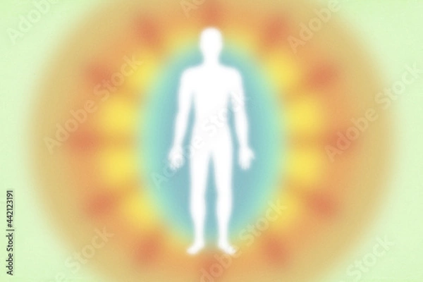 Obraz Warm, retro feel aura layers in red, orange and blue - energy field with human figure  - grainy, high resolution background