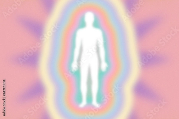 Obraz Retro feel peachy pink rainbow aura layers, energy field with human figure  - grainy, high resolution background