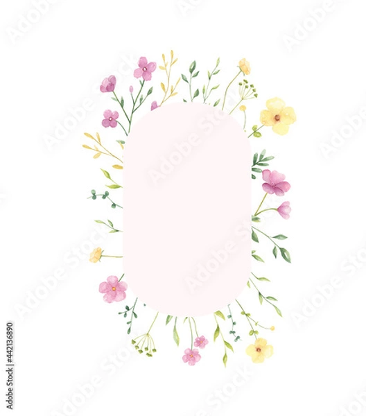 Fototapeta Watercolor floral frame with copy space isolated on white background. Trendy summer cute flowers frame for greeting cards, posters, wedding invitations. 