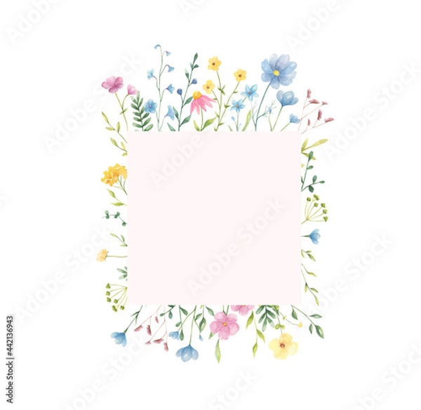 Fototapeta Watercolor floral frame with copy space isolated on white background. Trendy summer cute flowers frame for greeting cards, posters, wedding invitations. 