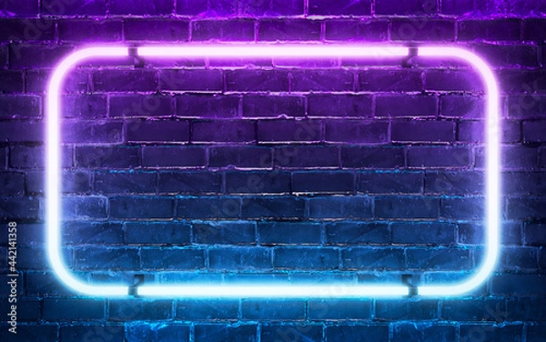 Fototapeta Neon light frame shining on brick wall background. 3d rendering