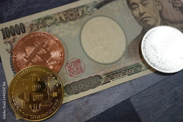 Obraz 仮想通貨/ビットコインと一万円札（日本円）, Crypto Currency/Bitcoin, JPY