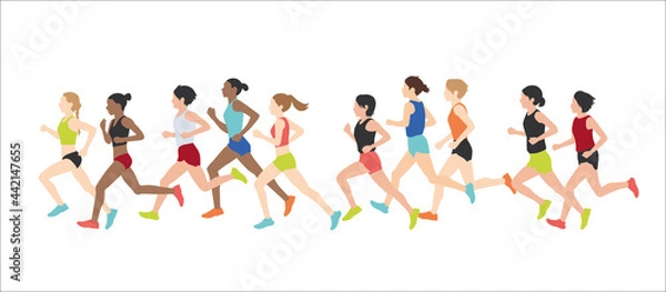 Fototapeta Women dressed in sports clothes running marathon race. Participants of athletics event trying to outrun each other. Flat cartoon characters isolated on white background. Vector illustration.