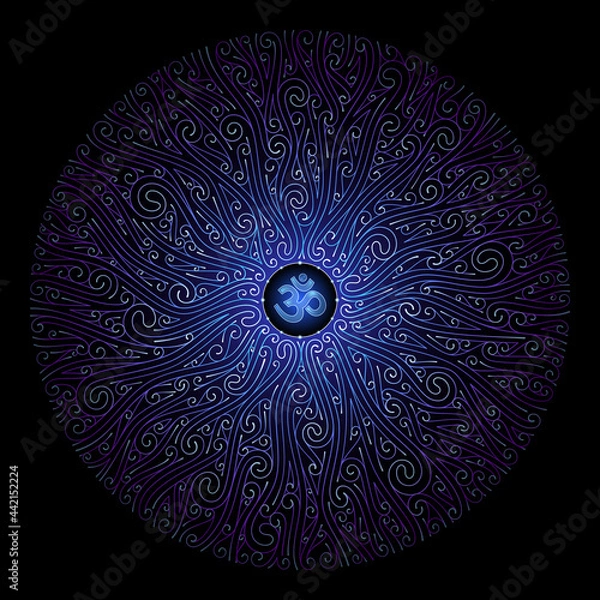 Obraz Vector sacred mandala with spiritual symbol Om. Complex graphic art with pattern of spirals. Power and energy of yoga and meditation. Shiny blue ornament on black backdrop.