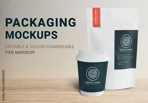 Obraz Coffee Cup Mockup with Packaging Bag